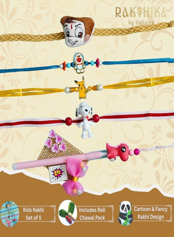 iinfinize Multicolour Braided Thread Peral Beads Rakhi With Roli Chawal Set of 5 Rakhi, Brothers Bhai Bahen Raakhi Bracelet Raakhi Wristband Rakhis Brother Sister Kids Rakhis - Image 2